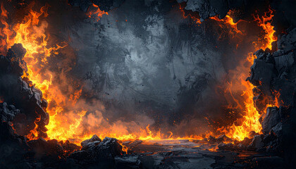 Fiery frame dark concrete texture glowing flame burning border dramatic background intense heat abstract wall hot stone powerful energy emotional impact