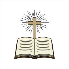Cross, open bible and rays of light on white background. Color stylized illustration. Vector graphics. Christian symbols. Religion.