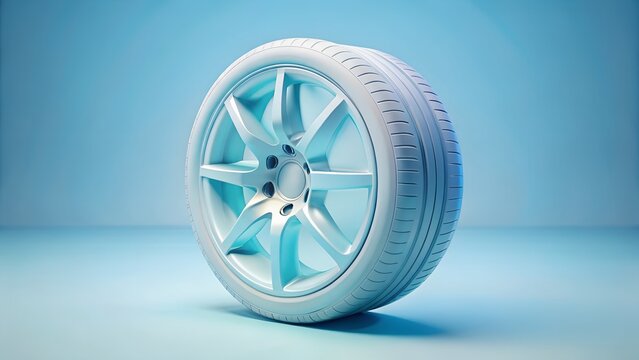 Studio Shot of a White Car Tire and Rim Against a Light Blue Background