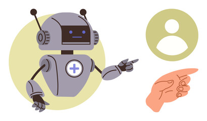 Robot with medical cross gesture signaling toward user profile icon and hand pointing towards collaboration. Ideal for AI, technology, healthcare, communication, support, teamwork, human-machine