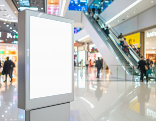 Obraz premium Blank billboard stands prominently in modern shopping mall, providing advertising space for businesses and brands in bustling commercial environment.