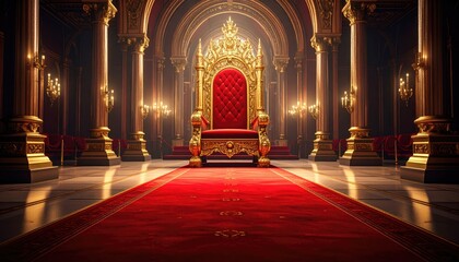 red carpet on castle or palace interior with golden chair bench of king