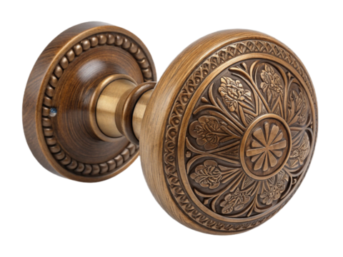Antique brass door knob with floral design isolated on transparent background