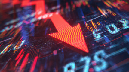 Financial news ticker screen with flashing red downward arrow and declining stock prices symbolizing market panic
