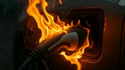 Electric vehicle battery fire. Electric car charging port engulfed flames and smoke, highlighting dangerous and dramatic situation