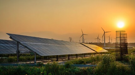 neatly arranged solar photovoltaic panels in the rural field, low - growing plants below, windmill decorations beside, background is a golden sunset glow