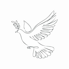 Fototapeta premium Flying dove holding an olive branch as a sign of peace line art vector 2