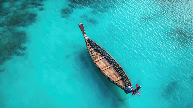 Aerial view shows wooden boat floating on blue ocean in calm minimalist scene
