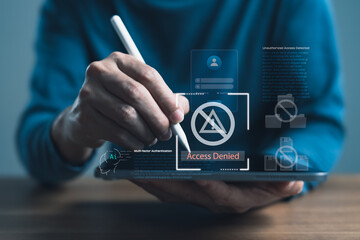 Cybersecurity login failure and access denied warning on digital tablet screen, highlighting data security, identity verification, and prevention of unauthorized digital access
