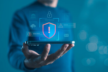 Digital cybersecurity alert on smartphone with shield icon, showing system warning, malware detection, password security, and online threat protection interface