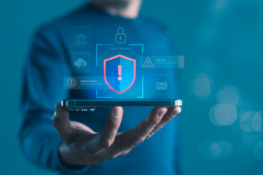 Digital cybersecurity alert on smartphone with shield icon, showing system warning, malware detection, password security, and online threat protection interface - Powered by Adobe