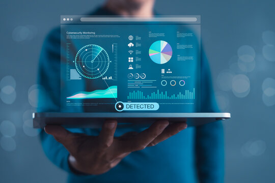 Digital cybersecurity monitoring dashboard with radar, graphs, and analytics for threat detection, data protection, and network system security analysis - Powered by Adobe