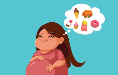 Overweight Pregnant Woman Craving for Unhealthy Foods Vector Cartoon Illustration. Mother to be feeling like eating a lot of snacks

