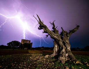 Ancient gnarled tree stands against a dramatic lightning storm.