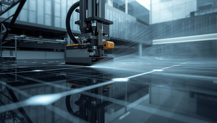 Advanced industrial automation showing a robotic arm performing precision engineering on a futuristic high-tech surface with glowing grid lines