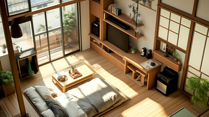 Isometric apartment hotel or house interior with double bed, big windows and balcony, tv, small living space Japanese style