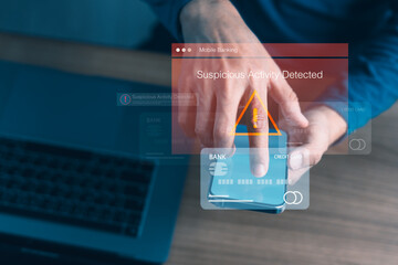 Mobile banking fraud alert with suspicious activity warning icon and card graphic, symbolizing...