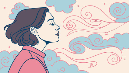 Relaxing woman breathing fresh air in nature illustration for wellness and mindfulness design projects