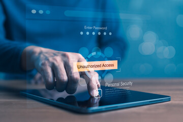 Unauthorized digital access alert with password screen and unlocked symbol, highlighting data breach, cyber threat, and personal security risk in modern technology use
