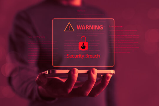 Cybersecurity alert with red warning interface and lock icon on smartphone, indicating security breach, malware infection, ransomware, and digital system vulnerability - Powered by Adobe