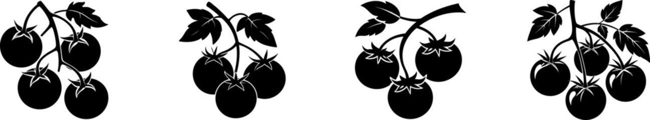 A graphic of four clusters of black tomatoes with leaves, showcasing a stylized, minimalist design.
