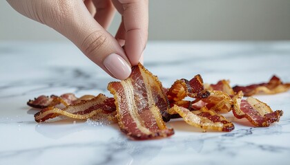 Crispy Bacon Delight: Hand Picking a Slice on Marble Surface