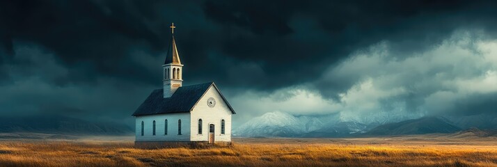 Solitary Church in a Golden Field with a Stormy Sky