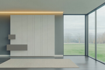 Fototapeta premium Modern minimalist interior design featuring large windows and a serene outdoor view near a peaceful landscape