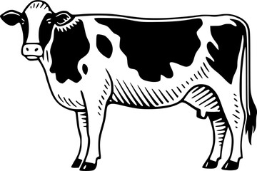 Engraving-style illustration of a Holstein cow, rendered in a traditional black and  linocut technique.