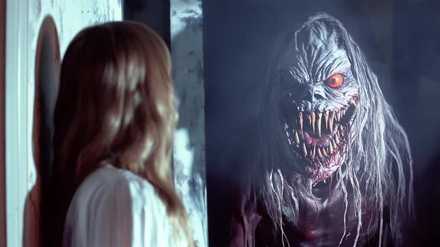 Young woman and monster, horror 80s style.
