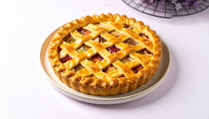 Rustic Golden Lattice Plum Pie with a Flaky, Buttery Crust on a Pastel Pink Background