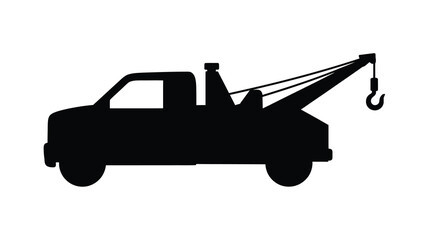 Silhouette of a tow truck with a hook ready for roadside assistance and vehicle recovery services for graphic design use on white background