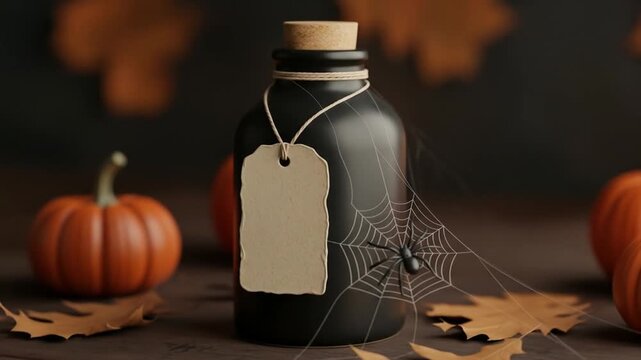 Halloween potion bottle with spiderweb and pumpkins