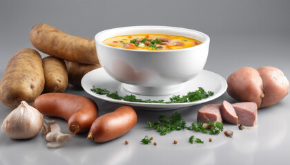 Hearty Potato and Sausage Soup Isolated on White - HDR - Smoother Version