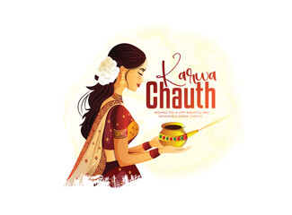 Karwa Chauth Celebration with Traditional Indian Woman Holding Decorative Puja Thali