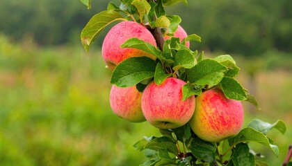 Obraz premium Apples on the Branch: A close-up view showcases a cluster of ripe, vibrant apples hanging from a branch, their red and yellow hues illuminated by natural light, against a soft, green background.