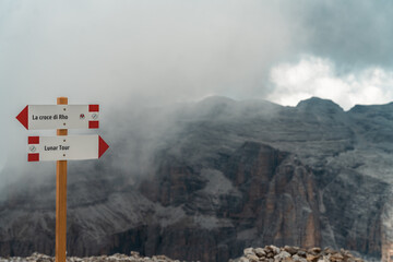 Mountain Hiking Trail Sign in Dolomites Italy