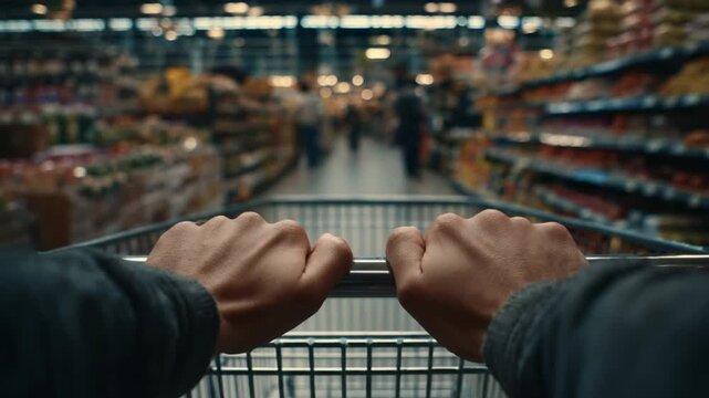 Shopping Spree Through the Aisles: A first-person perspective of a grocery store journey. This vibrant shot places you directly behind the shopping cart