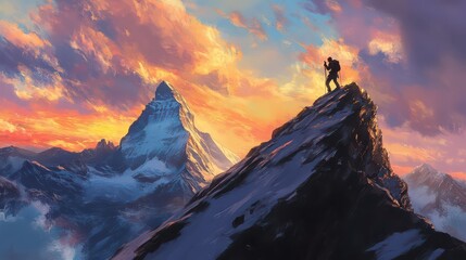 A lone hiker stands atop a snow covered mountain peak at sunset with dramatic cloud formations