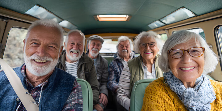 Aging populations and demographics and community concept. Joyful seniors on a road trip in a vintage van. - Powered by Adobe