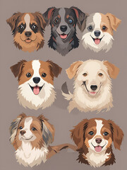 Cute dogs faces illustration in cartoon style. Funny puppies head portraits of different doggy breeds. Happy dog pets face avatars. Flat graphic vector