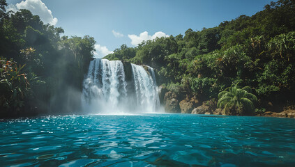 Obraz premium Tropical Waterfall Flowing Into Clear Blue Lagoon Surrounded by Lush Jungle