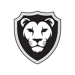 Obraz premium Lion head on shield. Black and white vector illustration isolated on white background.