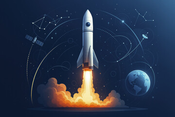 Fototapeta premium Futuristic rocket launches into space, surrounded by stars and planets, symbolizing exploration and innovation. vibrant flames and dynamic motion evoke excitement and adventure