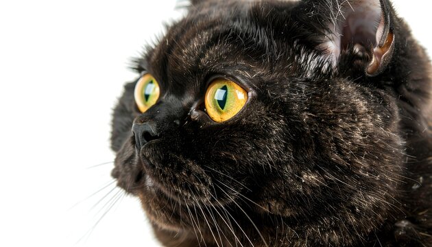Close up of a black cat with bright yellow eyes looking to the side. - Powered by Adobe