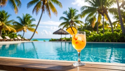 Refreshing cocktail by a tropical pool, palm trees and clear sky