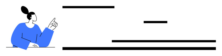 Woman in blue top positioned next to stylized horizontal lines, suggesting focus or attention. Ideal for communication, teamwork, focus, creativity, decision-making, education, simple landing page