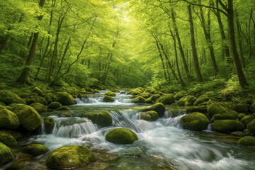 Obraz premium Tranquil mountain stream flows through lush green forest, surrounded by vibrant foliage and smooth moss covered stones. serene atmosphere invites relaxation and reflection