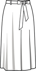Flared Skirt Fashion Flat Sketch with Belt and Bow Detail pleated skirt midi skirt