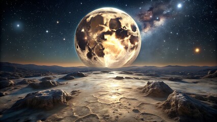 Obraz premium A giant moon rises over a desolate alien landscape